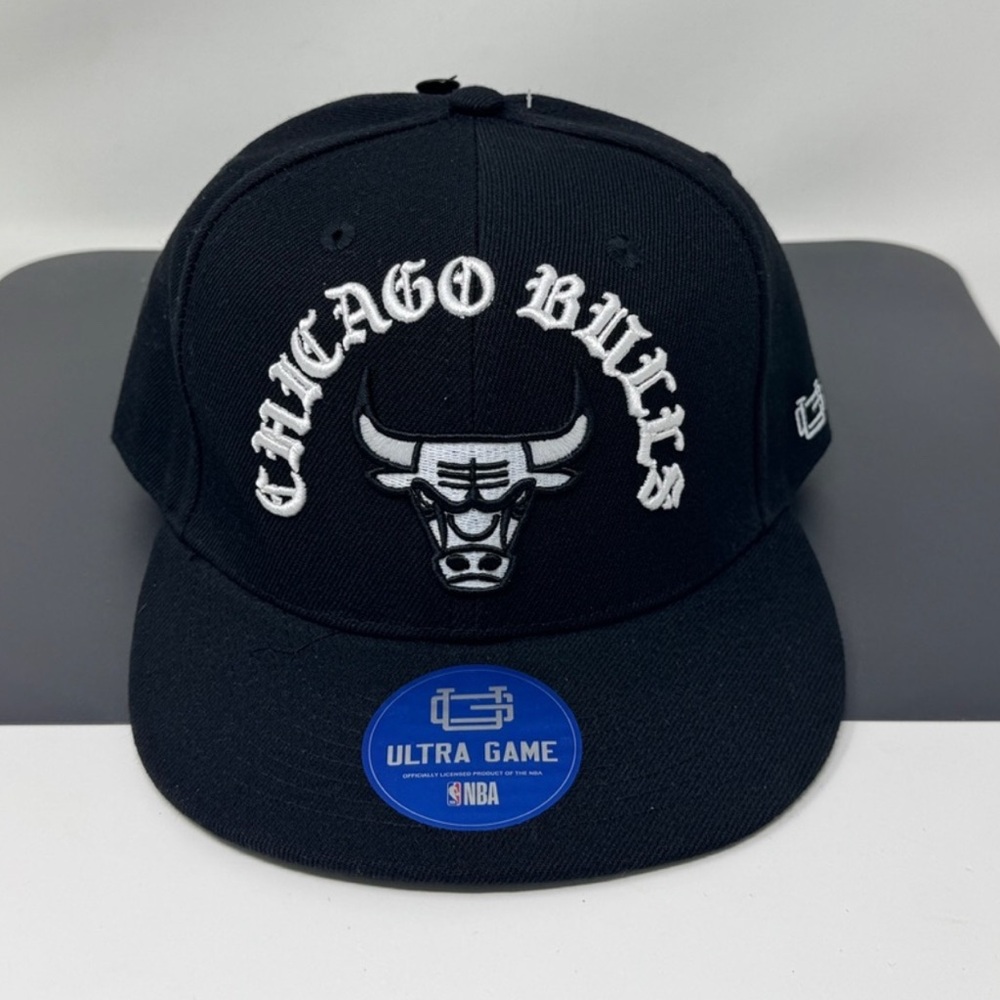 Ultra Game NBA chicago bulls Black Hat Gothic Old English Font black white